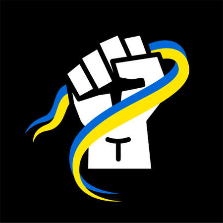 Clenched fist holding the ribbon of the Ukrainian flag. national symbol. illustration on black backgroundのイラスト素材