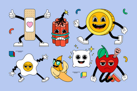 Retro cartoon stickers with funny comic characters, gloved hands. Contemporary illustration with cute comic book characters. Doodle comic characters. cartoon style.のイラスト素材