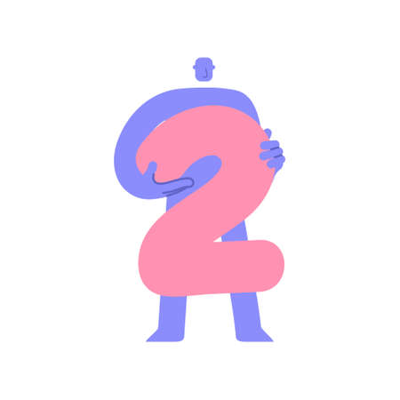 Trendy flat modern character holding number 2, two. Man showing big number. Education, birhtday, celebrating achievements concept, sale and discount. cartoon comic style.のイラスト素材