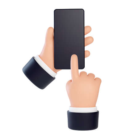 High quality 3D business hands gestures. One hand holds a smartphone and the other taps on the touch...