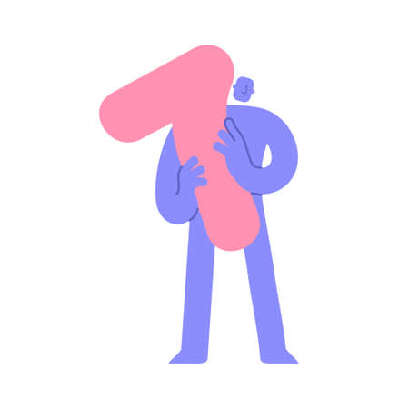 Trendy flat modern character holding number 7, seven. Man showing big number. Education, birhtday, celebrating achievements concept, sale and discount. cartoon comic style.のイラスト素材