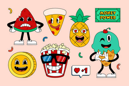Retro cartoon stickers with funny comic characters, gloved hands. Contemporary illustration with cute comic book characters. Doodle comic characters. cartoon style.のイラスト素材