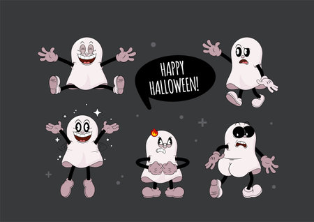 Set of retro cartoon stickers with funny comic ghosts. Cute comic gloved hands characters in Contemporary style. Doodle comic characters for autumn holiday of the halloween.のイラスト素材