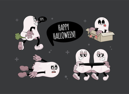 Set of retro cartoon stickers with funny comic ghosts. Cute comic gloved hands characters in Contemporary style. Doodle comic characters for autumn holiday of the halloween.のイラスト素材