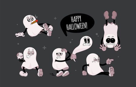 Set of retro cartoon stickers with funny comic ghosts. Cute comic gloved hands characters in Contemporary style. Doodle comic characters for autumn holiday of the halloween.のイラスト素材