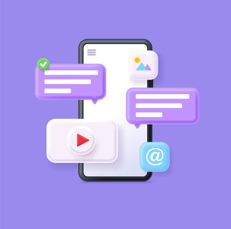 3d smartphone with chat bubbles. Talk, dialogue, messenger or online support concept. transfer of multimedia files, videos, images. Mobile phone with speech bubbles on the screen. vector illustrationのイラスト素材