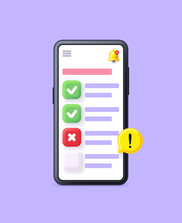 3D illustration to-do list. Smart phone with checklist app. Successful completion of business tasks. Month planning, to do list, time management. Plan fulfilled, task completed. vector illustrationのイラスト素材
