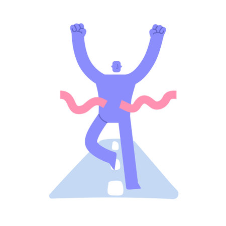 Flat modern character winner crossing red finish line first. Businessman Crossing Finish Line. Business concept illustration with man taking part in business activitiesのイラスト素材