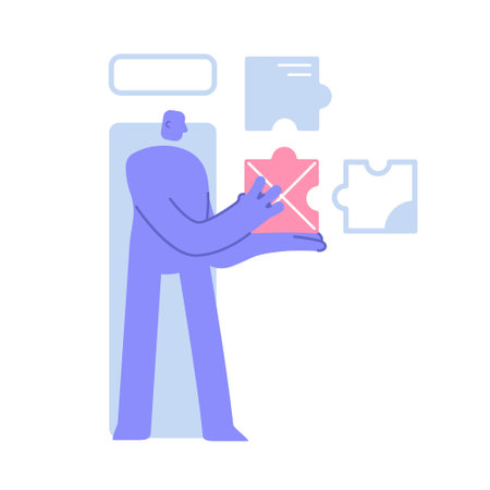 Flat modern character hold puzzle elements. Teamwork metaphor, Teamwork and collaboration concept. Business concept illustration with man taking part in business activitiesのイラスト素材