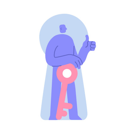 Flat modern character shows thumbs up for excellent data protection. Good and Excellent Safety, access key. Business concept illustration with man taking part in business activitiesのイラスト素材
