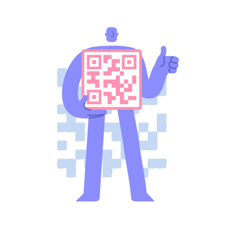 Flat modern character holds in hands QR code. Digital health passport. qr code payment. Business concept illustration with man taking part in business activitiesのイラスト素材