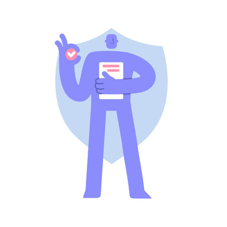 Flat modern character shows that everything is ok with protection. Data protection, information privacy. Business concept illustration with man taking part in business activitiesのイラスト素材
