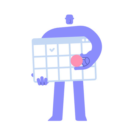 Modern character note date on huge calendar planning important matter. Time Management, Work Organization, Life Events. Business concept illustration with man taking part in business activitiesのイラスト素材