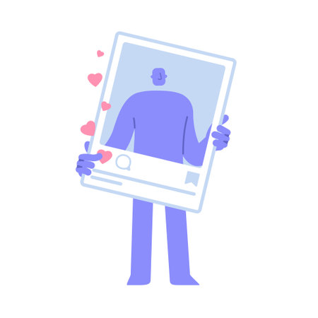 Flat modern character holds a social network photo frame. Publishing new content. social media promotion. Business concept illustration with man taking part in business activitiesのイラスト素材