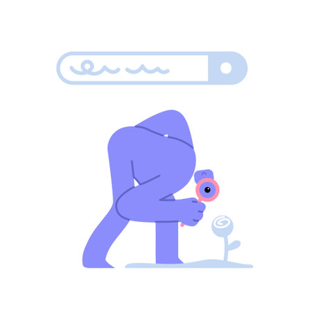 Flat modern character looking information with a magnifying glass. Data organization, optimization search. Business concept illustration with man taking part in business activitiesのイラスト素材