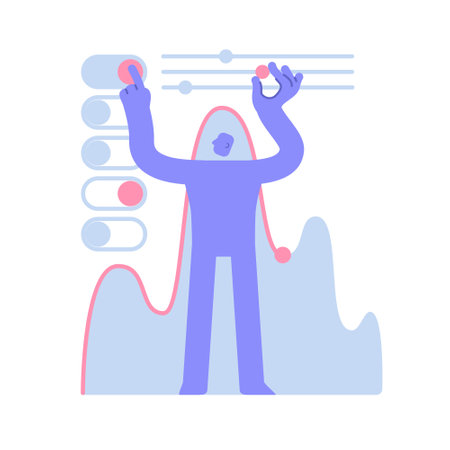 Flat modern character makes business analytics. Financial analysis of business online, business management. Business Concept illustration with man taking part in business activities.のイラスト素材