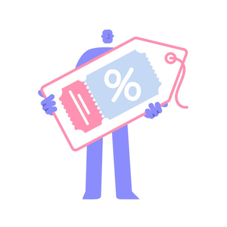 Flat modern character holding a tag with a discount coupon. big discount coupon, sale. Business Concept illustration with man taking part in business activities.のイラスト素材