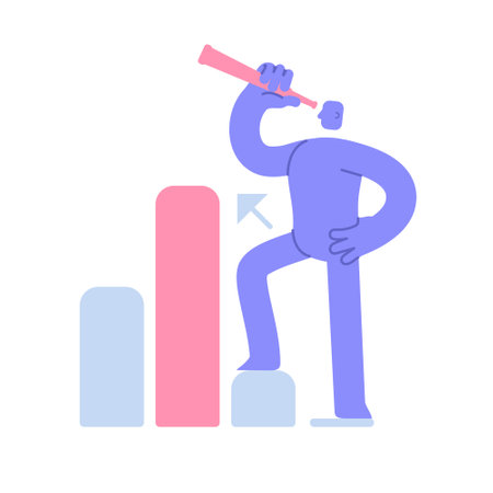 Modern character looking through a spyglass, growth perspective. Forecasting financial investments for growth. Business concept illustration with man taking part in business activitiesのイラスト素材