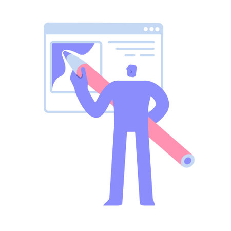 Modern character holding a pencil and working on ui ux design project. website and app design and development. Business concept illustration with man taking part in business activitiesのイラスト素材