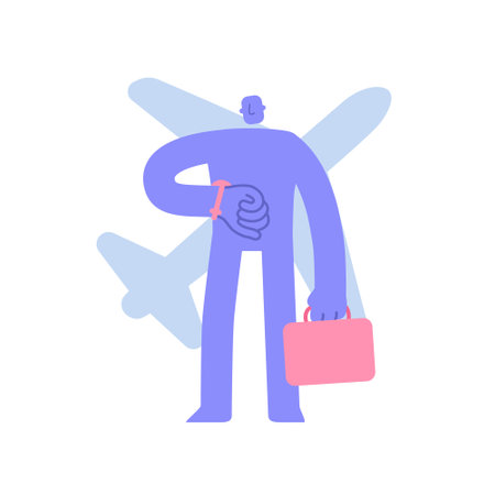Flat modern character man with suitcase look at wrist watch, his flight is delayed. missed the plane. checking time. Business concept illustration with man taking part in business activitiesのイラスト素材