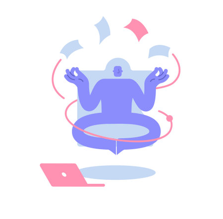 Flat modern character levitates in a lotus position with flying papers around him. Effective business management, multitasking and meditation. Business illustration, business activitiesのイラスト素材