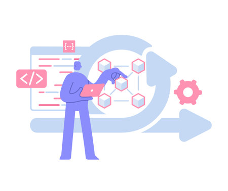 Flat modern character involved in agile development methodology. development software and organization. Requirement, design, development, debug, testing. Business illustration, business activitiesのイラスト素材