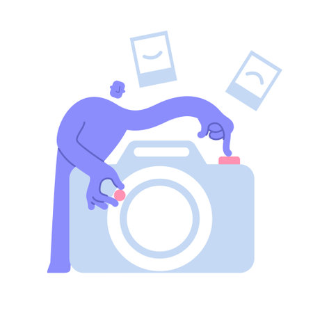 Flat modern character takes photos on camera. Artistic hobby and photography class, photography courses, tutorials. Business Concept illustration with man taking part in business activities.のイラスト素材