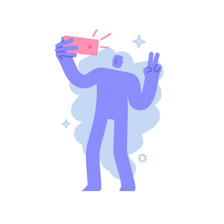 Flat modern character holds a smartphone in his hand, taking a selfie on the front camera. lifestyle, social media, mobile concept. Business concept illustration with man taking part in business activitiesのイラスト素材
