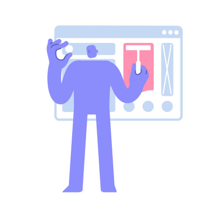 Modern character working on ui ux design project. website and app design and development. Business concept illustration with man taking part in business activitiesのイラスト素材