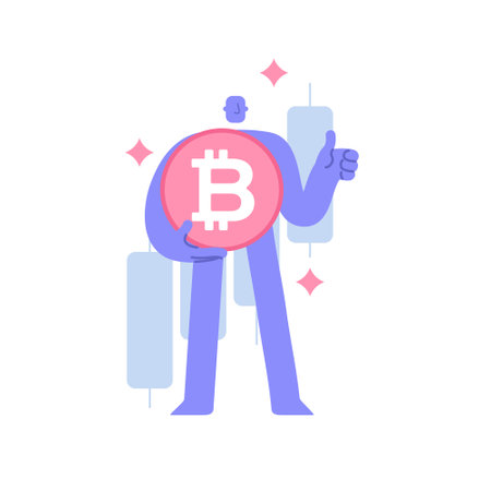 Flat modern character holding a large bitcoin coin on the background of Japanese candles. cryptocurrency investment. Business concept illustration with man taking part in business activitiesのイラスト素材