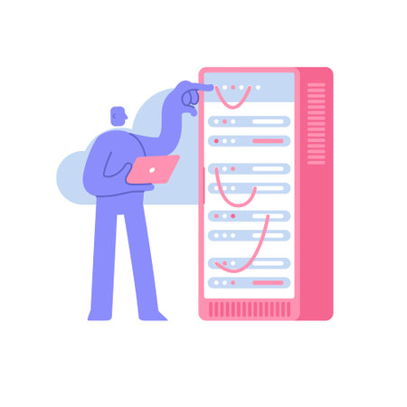 Flat modern character system administrator with laptop working in data center room. Business concept illustration with man taking part in business activitiesのイラスト素材