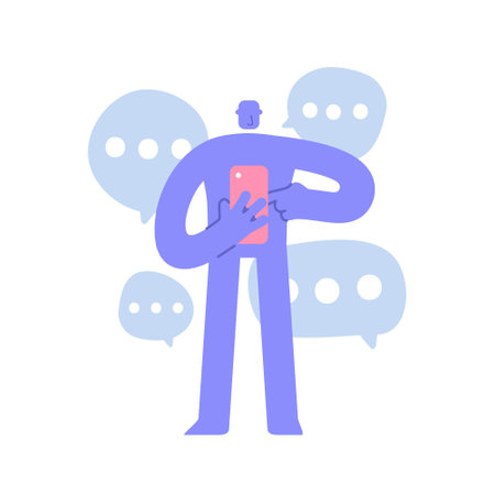 Flat modern character looks into a smartphone and discusses the business process in messenger. Chat with colleagues. Business concept illustration with man taking part in business activitiesのイラスト素材