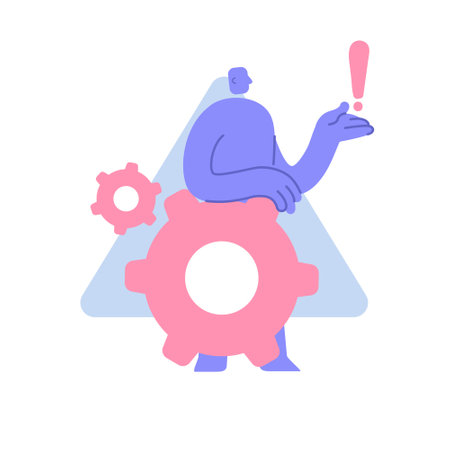 Flat modern character stands near a large gear with an exclamation mark. error warning. service for optimization system. Business concept illustration with man taking part in business activitiesのイラスト素材