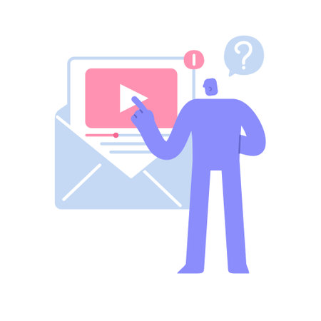 Flat modern character watching video message in envelope. multimedia file sent via email, online messenger. Business concept illustration with man taking part in business activitiesのイラスト素材
