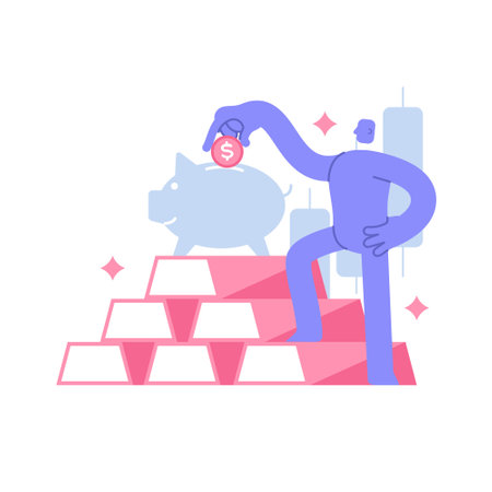 Flat modern character stands on bars of gold, and puts a coin in a pig piggy bank. Gold investment, money management. Business concept illustration with man taking part in business activitiesのイラスト素材