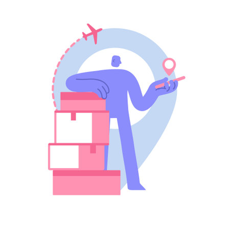Flat modern character with a smartphone tracks his parcel. shipping, logistics, delivery. tracking parcels using a smartphone. Business concept illustration with man taking part in business activitiesのイラスト素材