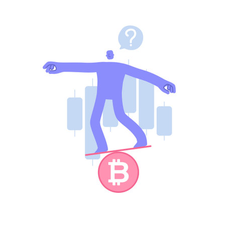 Flat modern character against the background of Japanese candlesticks, it balances on bitcoin, market volatility, investments in cryptocurrency. business concept illustrationのイラスト素材