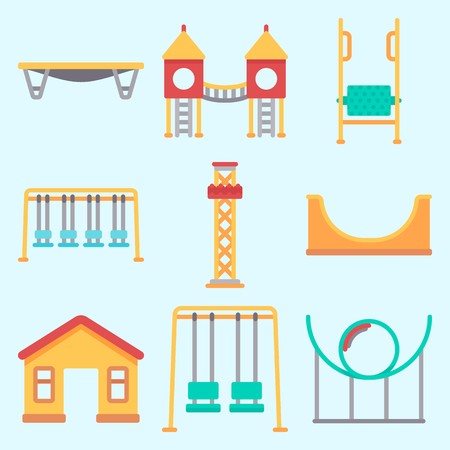 Icons set about Amusement Park with flambards experience, game zone, carousel, playground, roller coaster and swing のイラスト素材