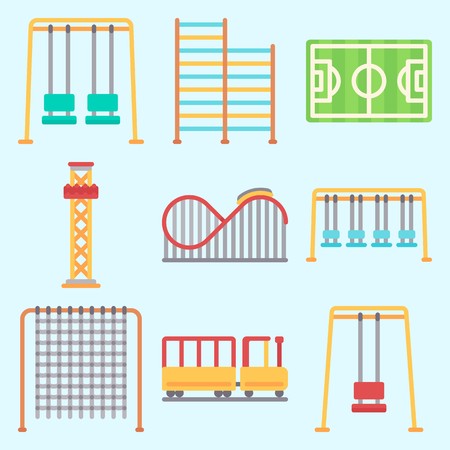 Icons set about Amusement Park with carousel, flambards experience, soccer field, child train, roller coaster and swing のイラスト素材