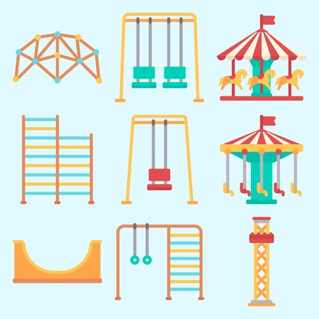 Icons set about Amusement Park with swing , skater, swings, climbing, flambards experience and horse carouselのイラスト素材