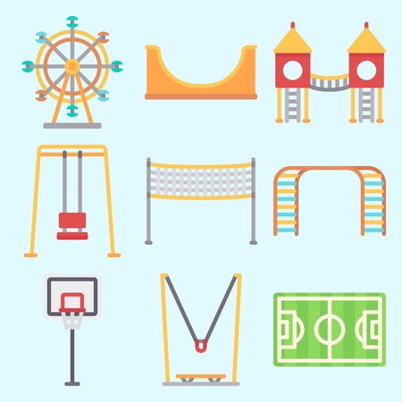 Icons set about Amusement Park with swing , fun, carousel, playground, basketball and soccer fieldのイラスト素材