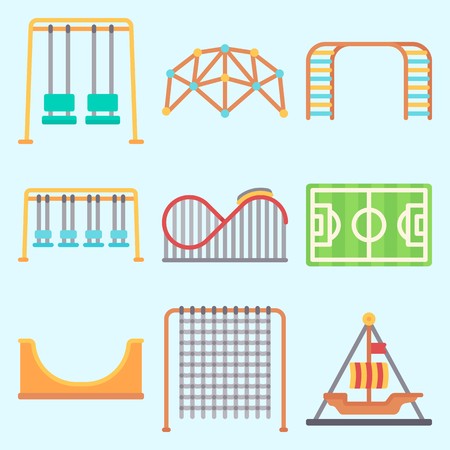 Icons set about Amusement Park with climb , pirate ship ride , climbing, roller coaster, carousel and soccer fieldのイラスト素材