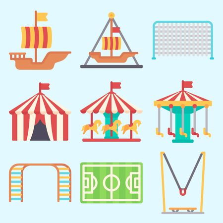Icons set about Amusement Park with pirate ship ride , climbing, soccer field, game zone, climb  and horse carouselのイラスト素材