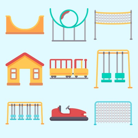 Icons set about Amusement Park with swings, skater, carousel, roller coaster, game zone and funのイラスト素材