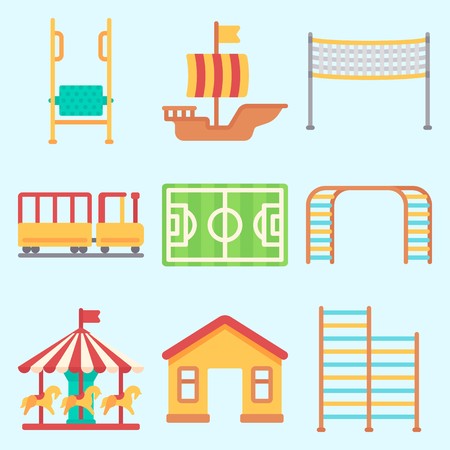 Icons set about Amusement Park with soccer field, horse carousel, climbing, child train, game zone and sailing boatのイラスト素材