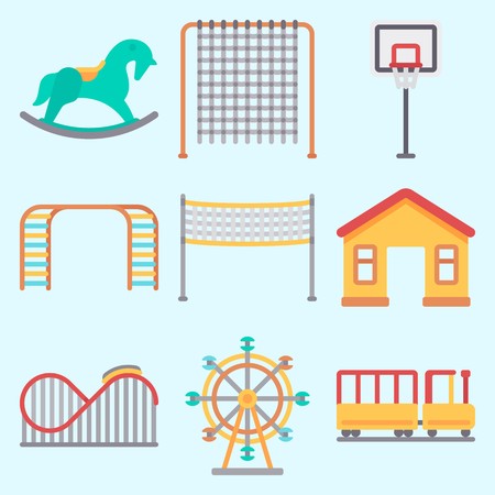 Icons set about Amusement Park with roller coaster, ferris wheel, fun, horse swing, carousel and basketballのイラスト素材