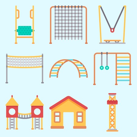 Icons set about Amusement Park with carousel, game zone, swing , fun, playground and climb のイラスト素材