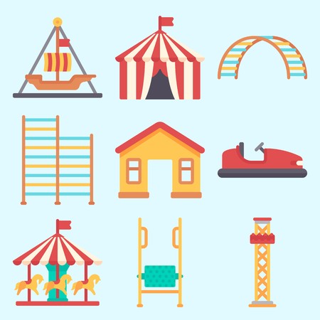 Icons set about Amusement Park with game zone, bumber car, horse carousel, climbing, climb  and pirate ship ride のイラスト素材