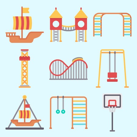 Icons set about Amusement Park with pirate ship ride , basketball, roller coaster, sailing boat, climb  and flambards experienceのイラスト素材