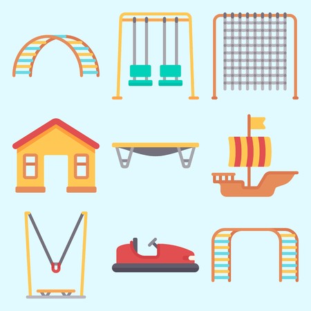 Icons set about Amusement Park with carousel, jumping flore, climb , game zone, bumber car and swingsのイラスト素材